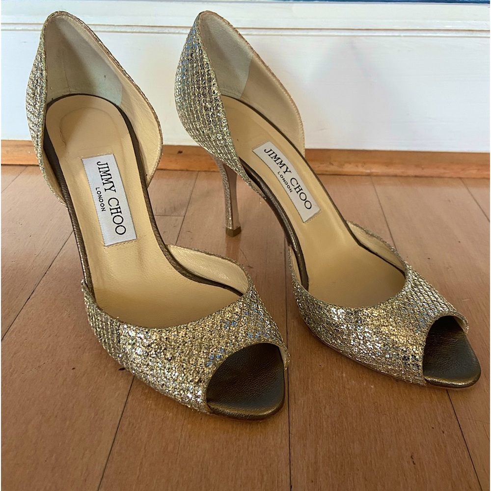 Jimmy Choo Peep Toe Heels, Logan D’orsay Pumps, Silver & Gold Metallic, 7 ECU